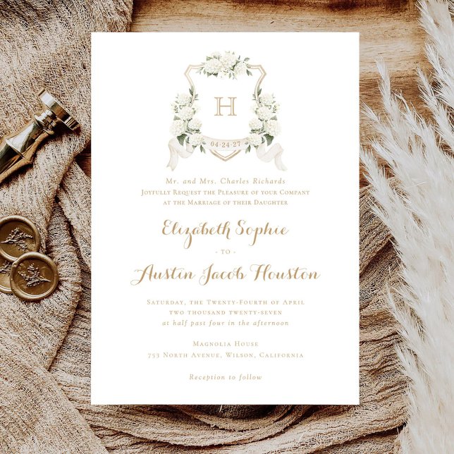 Convites Hydrangea White Greenery Crest Monograma Casamento (Criador carregado)