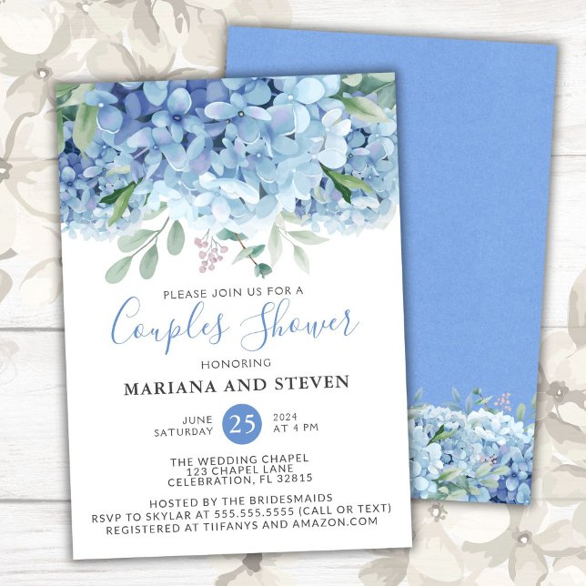 Convites Hydrangeas Azuis Casal de Noivos Floral Chuveiro (Criador carregado)
