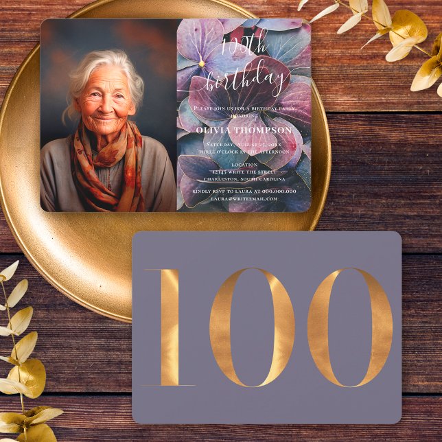 Convites Hydrangeas Azuis Douradas 100ª Foto de Aniversário (Front / Back)