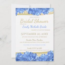 Convites Hydrangeas azuis e Chá de panela de faixas Dourada