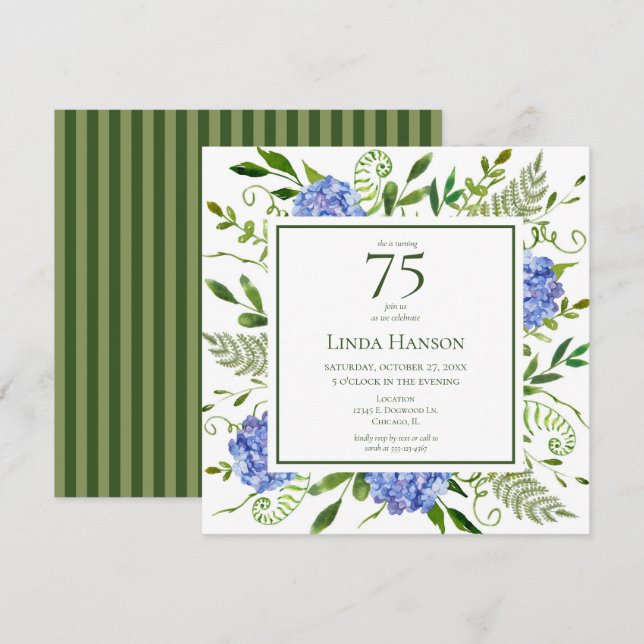 Convites Hydrangeas Azuis para 75º Aniversário (Frente/Verso)