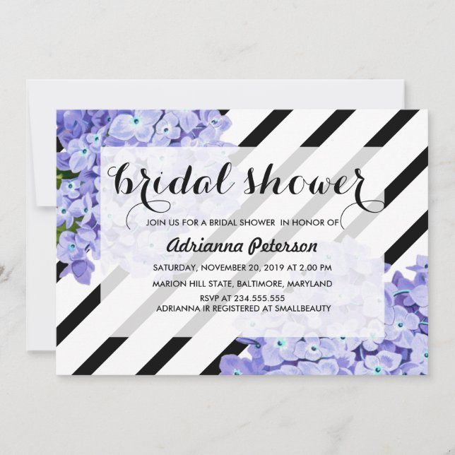 Convites Hydrangeas Azul Chá de panela Floral Stripes (Frente)