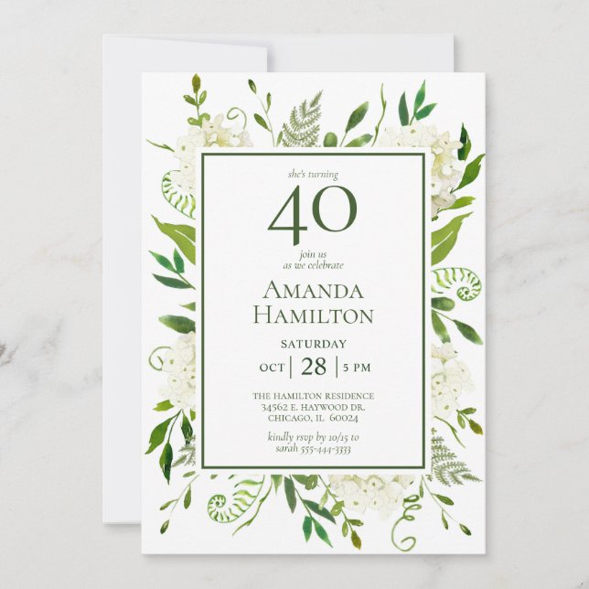 Convites Hydrangeas Brancas para 40º Aniversário (Frente)