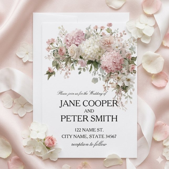 Convites Hydrangeas e rosas pastéis Casamento econômico (Criador carregado)