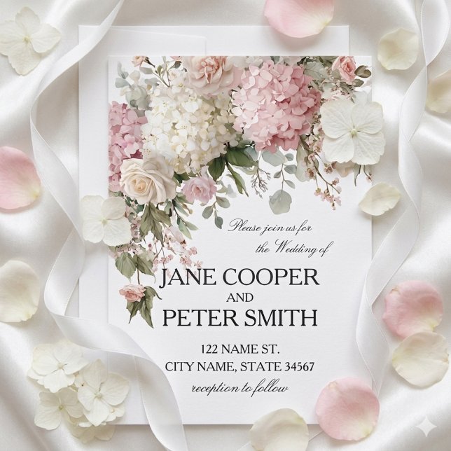 Convites Hydrangeas pastéis e rosas Orçamento Casamento (Criador carregado)