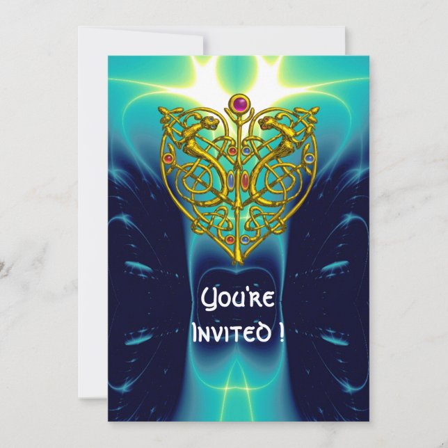 Convites HYPER VALENTINE/ CORAÇÃO CELTA DOURADO azul brilha (Frente)