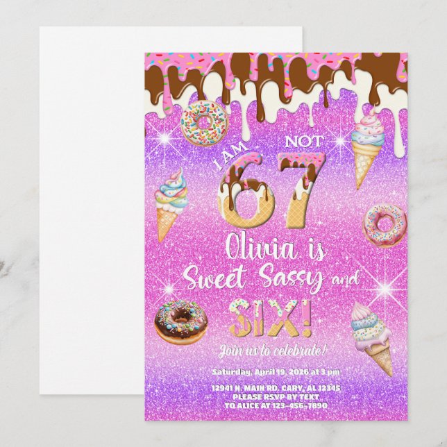 Convites I am 6 not 7 girl 6th birthday invitation. (Frente/Verso)