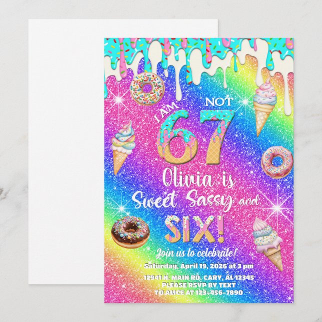 Convites I am 6 not 7 girl 6th birthday invitation. (Frente/Verso)