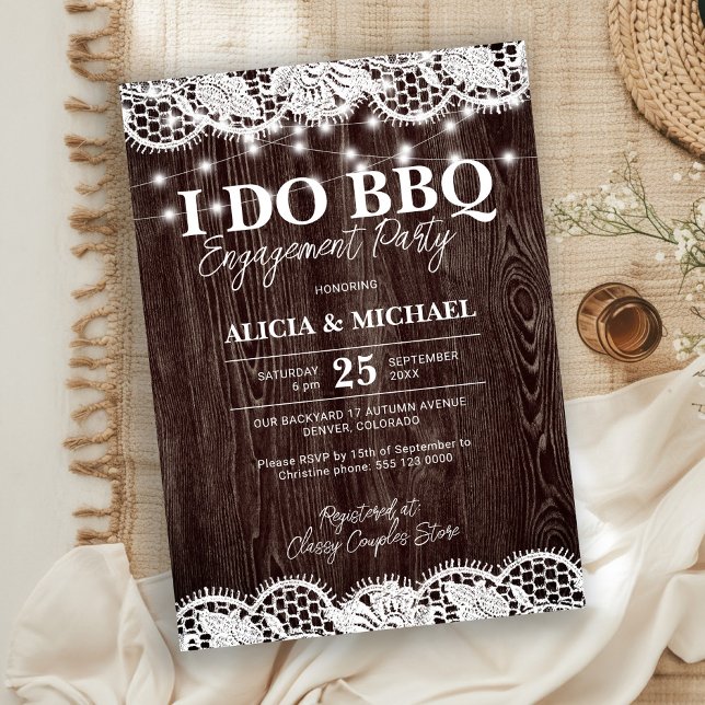 Convites I DO BBQ rustic wood lace engagement party (Criador carregado)