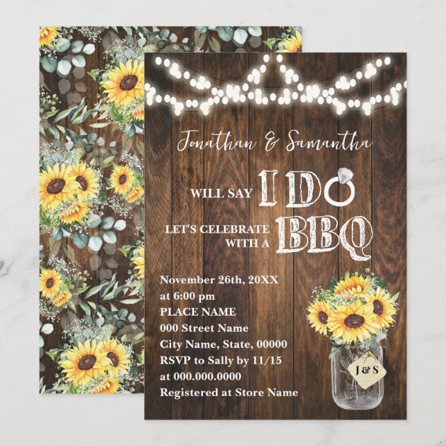 Convites I do BBQ Sunflowers Western Couples Shower (Frente/Verso)