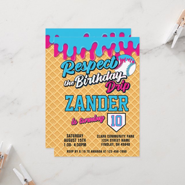 Convites Ice Cream Drip Baseball Blue Pink Birthday Party (Frente/Verso In Situ)