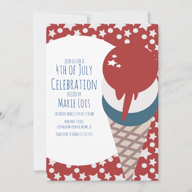 Convites Ice Cream July 4th Stars and Dots Red  (Frente)