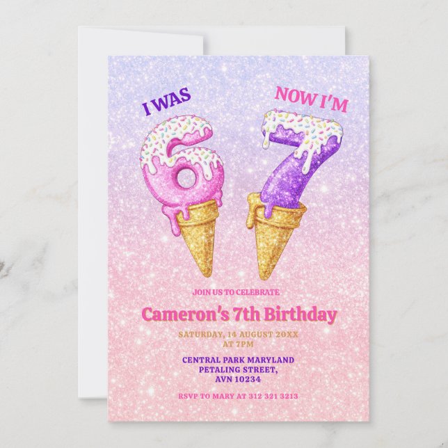 Convites Ice Cream Pastel Glitter 6-7 Kids Birthday Party (Frente)