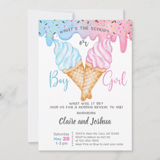 Convites Ice Cream Scoops Gender Reveal invitation. (Frente)