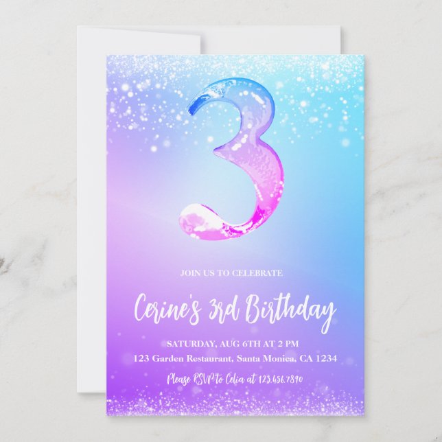 Convites Ice number Foil Girl 3rd Birthday (Frente)