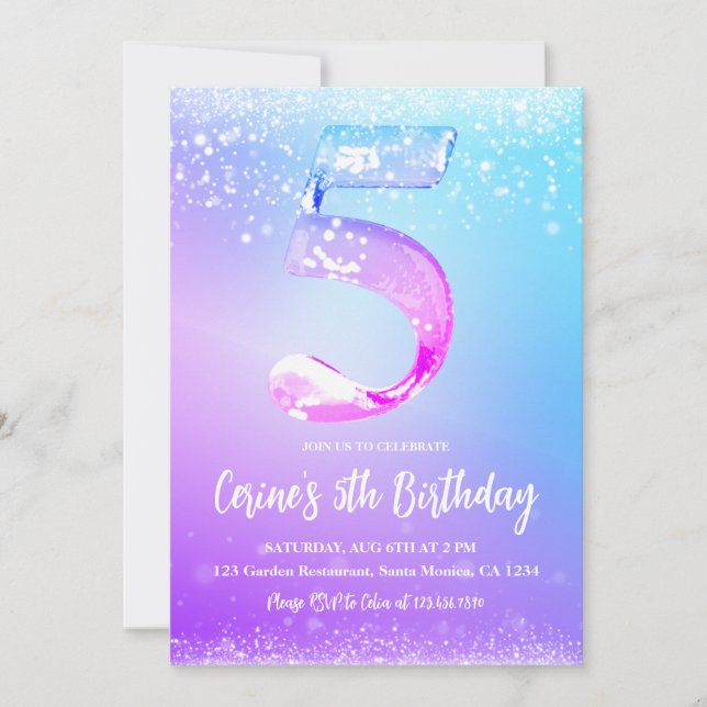 Convites Ice number white glitter Girl 5th Birthday (Frente)