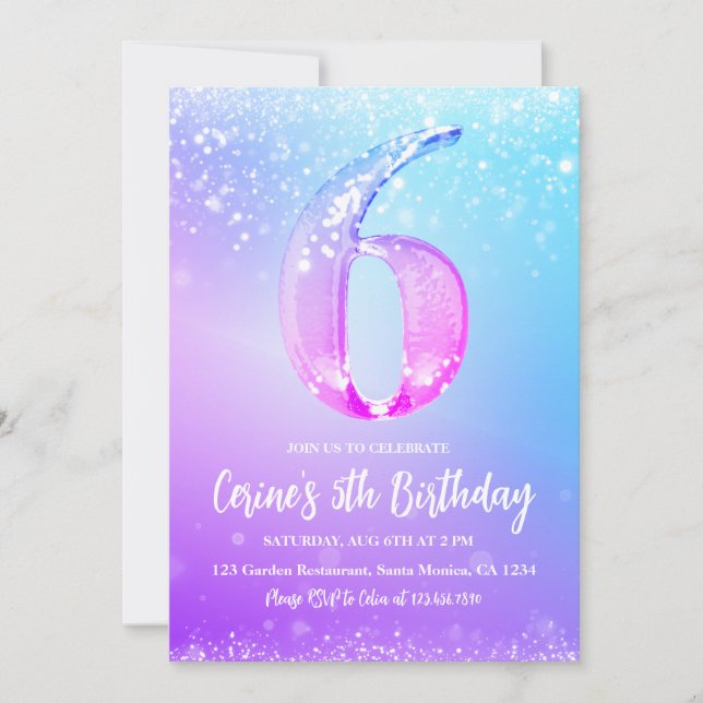 Convites Ice number white glitter Girl 6th Birthday  (Frente)