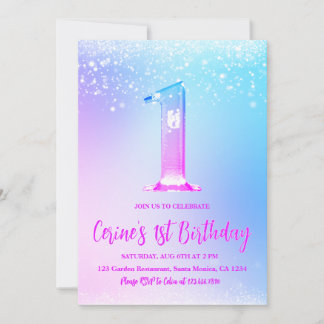 Convites Ice number white glitter Girl First Birthday