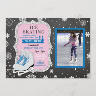 Convites Ice Skating Birthday Blue Photo Skate Snowflakes