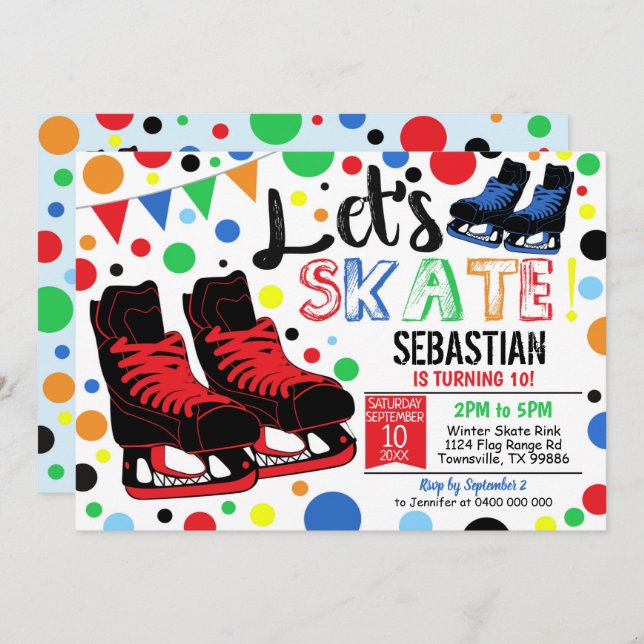Convites Ice Skating Invitation Party Ice Skating Boy Red (Frente/Verso)
