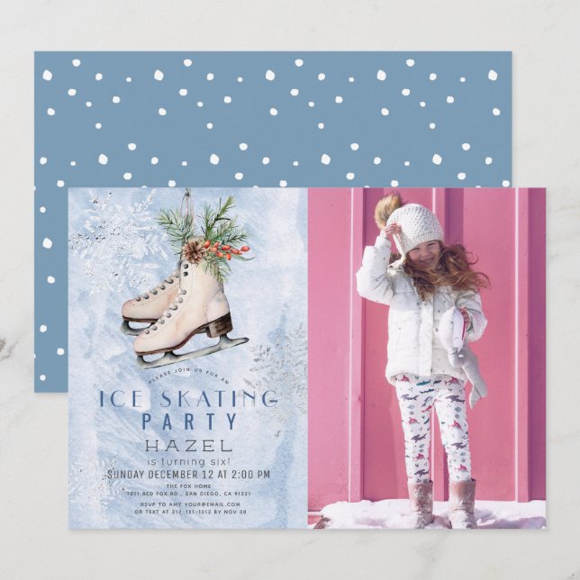 Convites Ice Skating Party Congelado Snowflake Foto de Aniv (Frente/Verso)