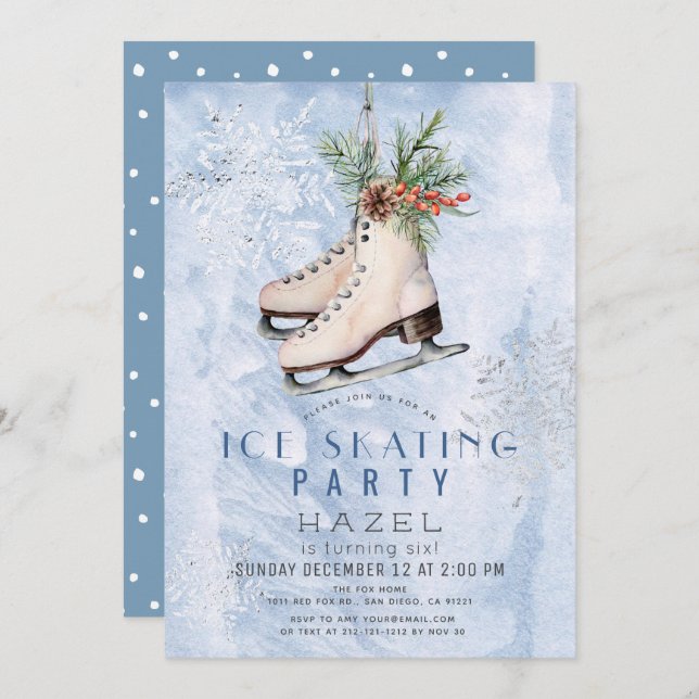 Convites Ice Skating Party Frozen Snowflake Birthday (Frente/Verso)
