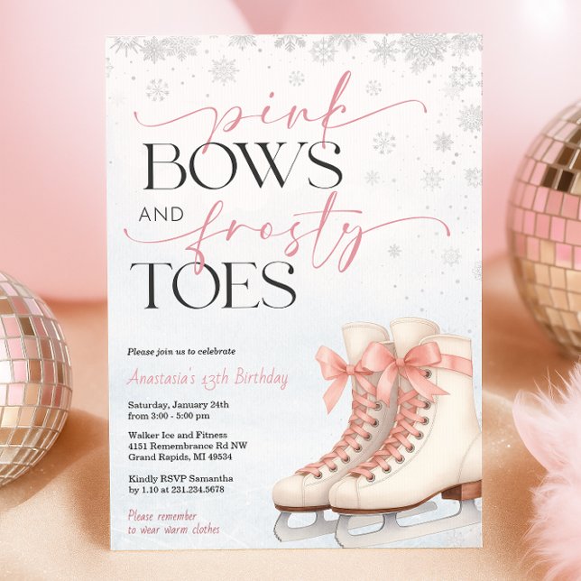 Convites Ice Skating Teen Birthday Invitation - Pink Bow (Ice Skating Teen Birthday Invitation - Pink Bows and Frosty Toes
)
