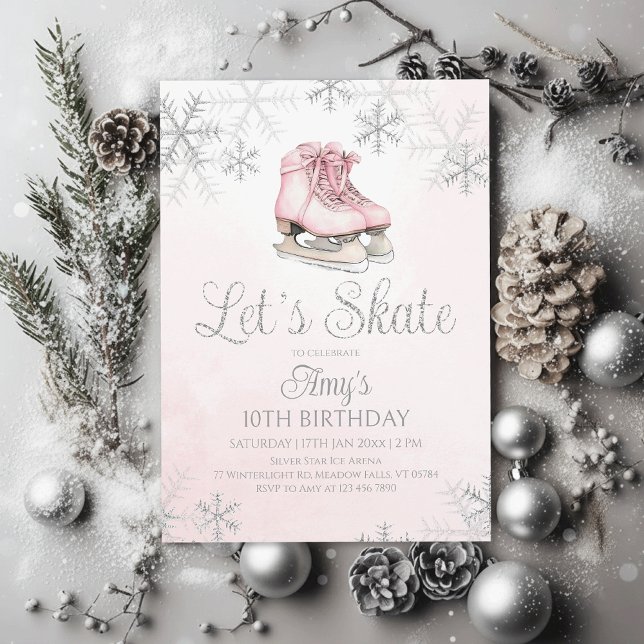 Convites Ice Skating Winter Birthday Party Silver Glitter (Criador carregado)