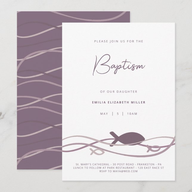 Convites Ichthys Ondas Bege - Moderno Batismo (Frente/Verso)