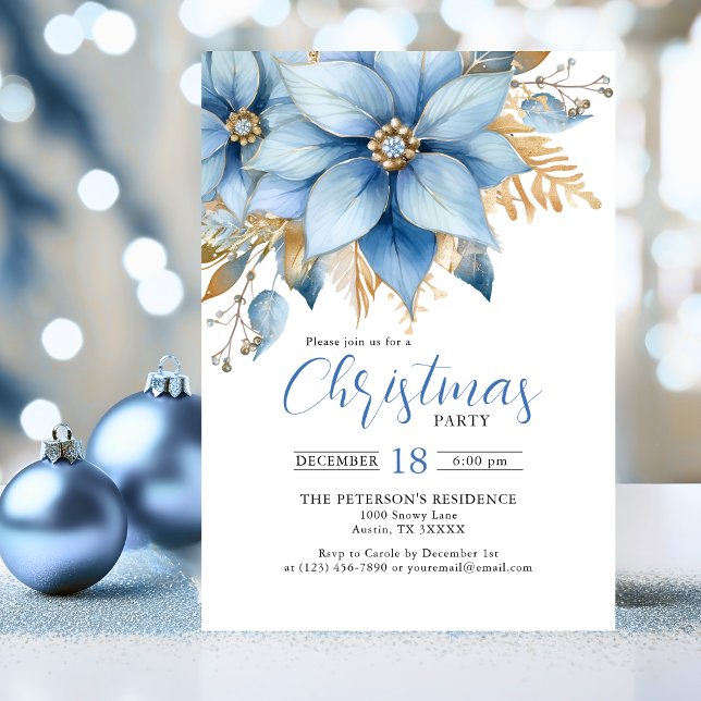 Convites Icy Blue Dourada Poinsettia Flower CHRISTMAS (Icy Blue Gold Poinsettia Flower CHRISTMAS Party Invitation)