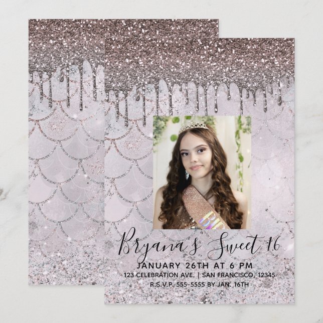 Convites Icy Pink Rose Dourada Glitter Drip Sweet 16 Photo (Frente/Verso)