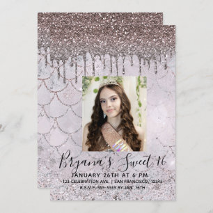Convites Icy Pink Rose Dourada Glitter Drip Sweet 16 Photo