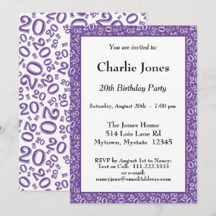 Convites Idade 20 Padrão de Número Aleatório Roxo/Branco 20