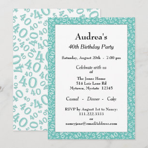 Convites Idade 40 Padrão de Número Aleatório Azul Turquesa/
