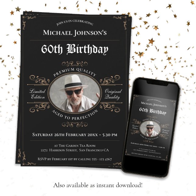 Convites Idade para Perfecção Dourada Black Classy 60º aniv (60th Birthday Aged to Perfection Black Gold Classy Invitation)