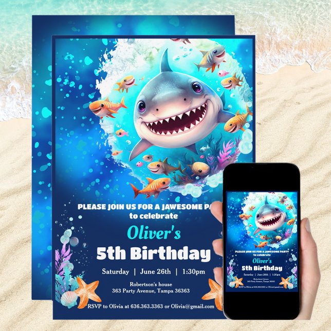 Convites Idade personalizada do Garoto da Festa de aniversá (Shark Birthday Pool Party Boy custom age Invitation)