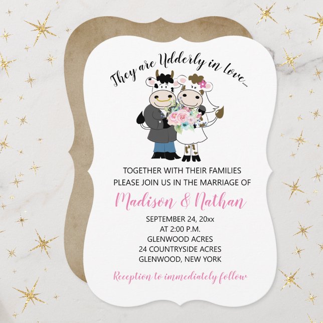 Convites Idosos em Casal de Vaca no Amor Noiva e Casamento  (Udderly In Love Cow Bull Cute Couples Wedding Invitation)