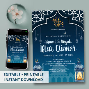 Convites Iftar de Lanterna Azul e Dourado Moderno à Meia-No