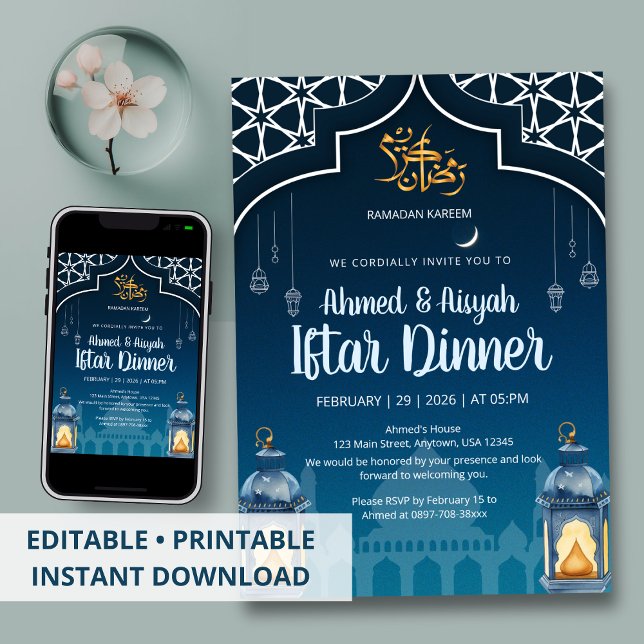 Convites Iftar de Lanterna Azul e Dourado Moderno à Meia-No (Criador carregado)