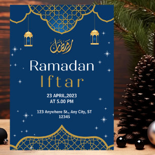 Convites Iftar Ramadã Ilustrativo Dourado e Azul