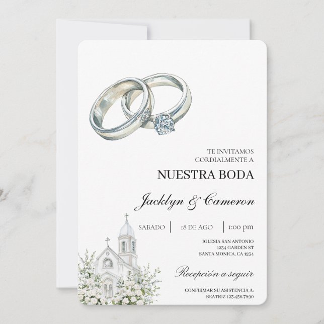 Convites Igreja branca com aliança Casamento Espanhol (Frente)