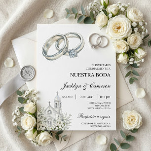 Convites Igreja branca com aliança Casamento Espanhol