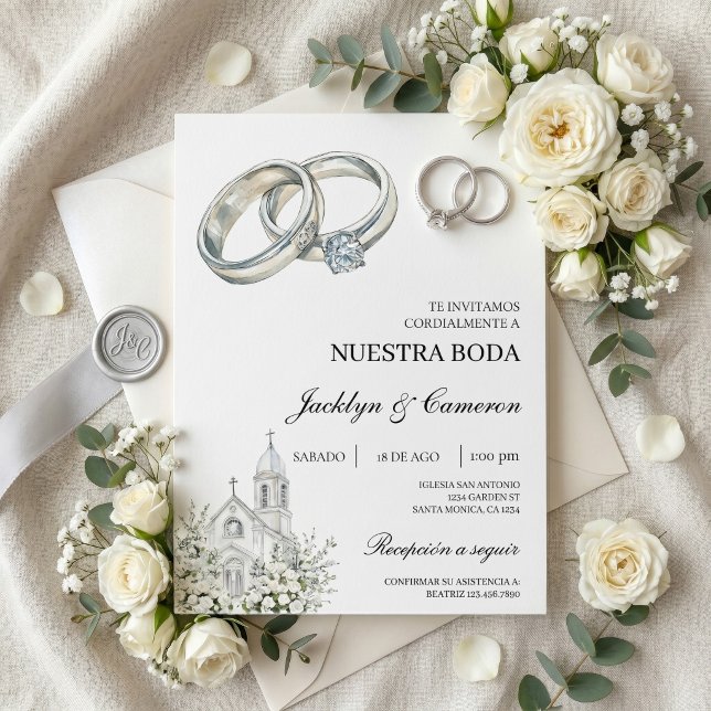 Convites Igreja branca com aliança Casamento Espanhol (Criador carregado)
