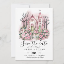 igreja cor-de-rosa floral aquarela save the date