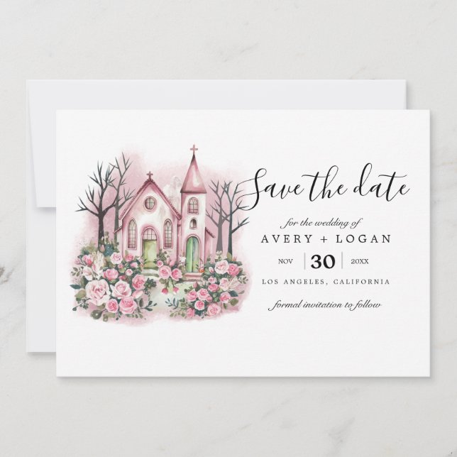 Convites igreja cor-de-rosa floral aquarela save the date (Frente)