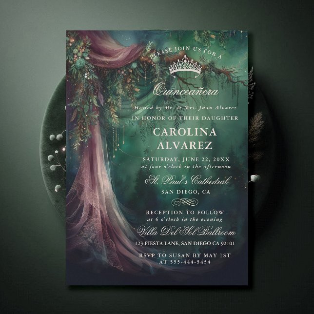 Convites Igreja de Fairytala de Véu Florestal Encantada Qui (enchanted forest quinceanera emerald green mauve purple veil woodland fairy tale church invitation)
