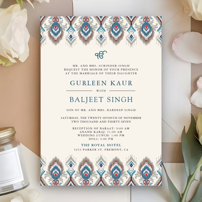 Convites Ikat Azul Cinza Anand Karaj Casamento Sikh (Front)