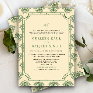 Convites Ikat Creme Verde Anand Karaj Casamento Sikh