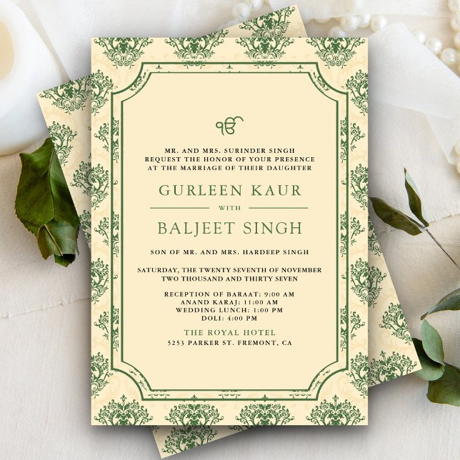 Convites Ikat Creme Verde Anand Karaj Casamento Sikh (Criador carregado)