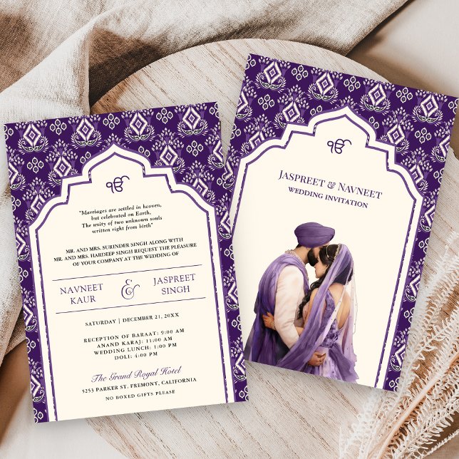 Convites Ikat Roxo Punjabi Anand Karaj Casamento Sikh (Criador carregado)
